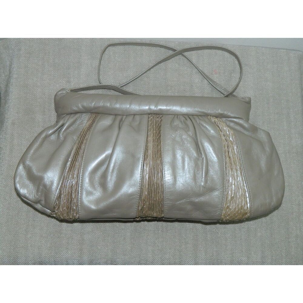 Timmy Woods Beverly Hills‎ Hangbag Beige Leather With Croc Pleated Vintage